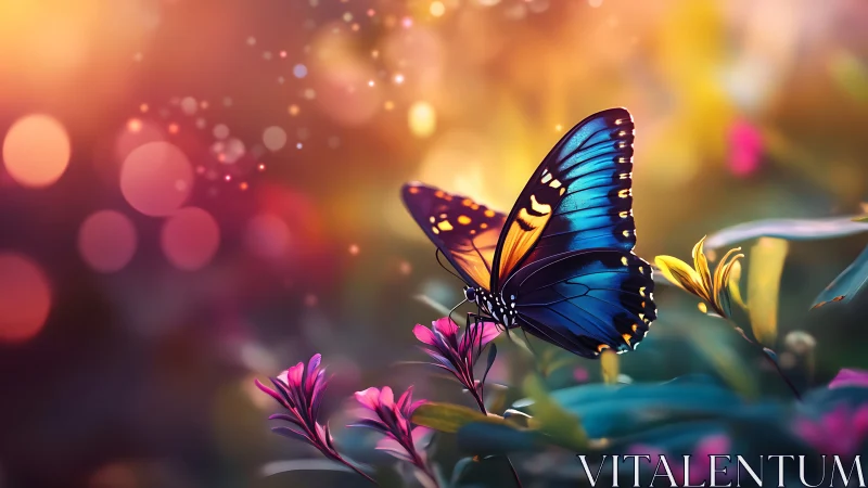 Blue and orange butterfly on flowers with soft bokeh field.