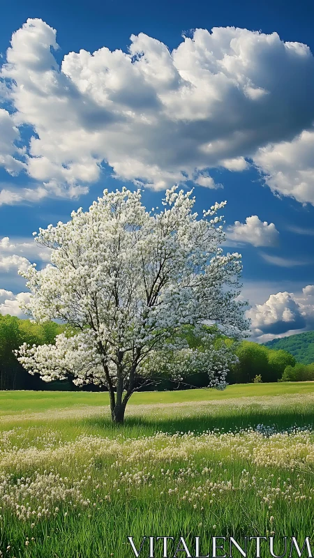 Isolated spring blossom tree under cumuliform cloud dynamics.