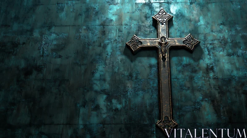 Gothic metal cross on distressed teal textured wall surface.