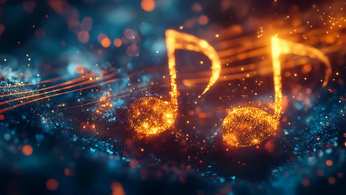 Glowing bokeh music notes rendered as volumetric light particles