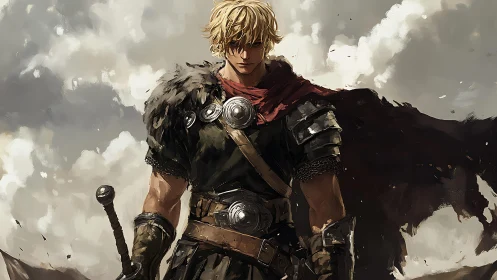 Blond warrior with sword in rugged fantasy landscape.
