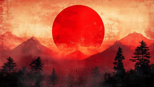 Crimson sun rising over misty mountain pines in silence.