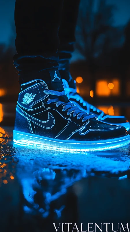 Neon blue high-top sneakers glowing over wet night street.