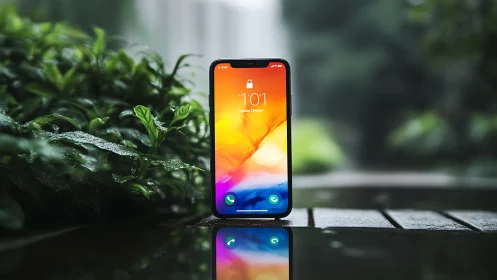 Smartphone with vibrant gradient lock screen displayed outdoors.