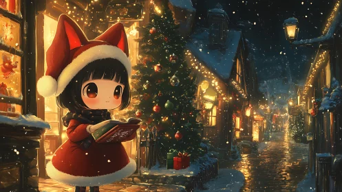 Chibi girl in red explores a cozy, glowing Christmas street.