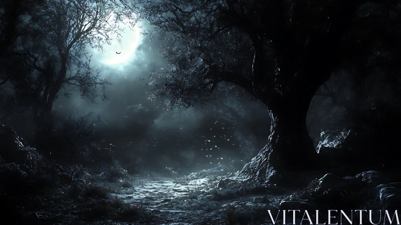 Moonlit forest path glowing softly through midnight mist.