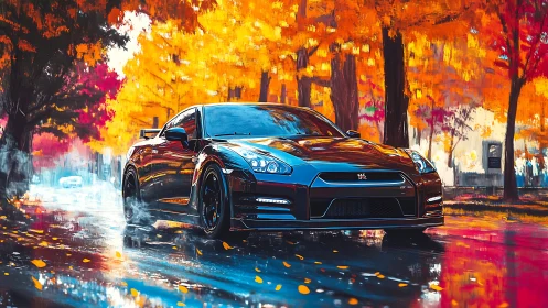 Black sports car on wet urban road in vivid autumn forest.