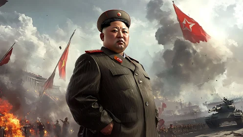 Military leader portrait amid war-torn battlefield spectacle