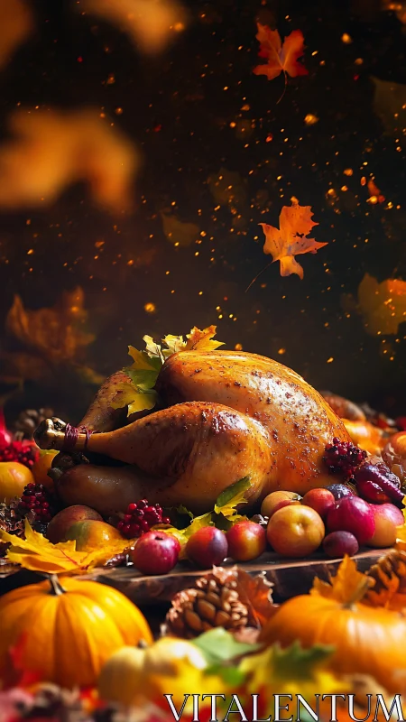 Roast turkey sits on autumn harvest table with seasonal fruits