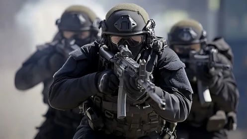 Special forces team advances with weapons drawn in formation.