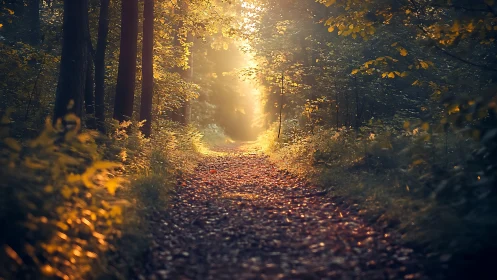 Sunlit forest path in golden hour, tranquil nature photography.