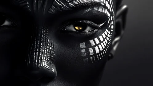 Cybernetic black portrait with metallic grid facial markings
