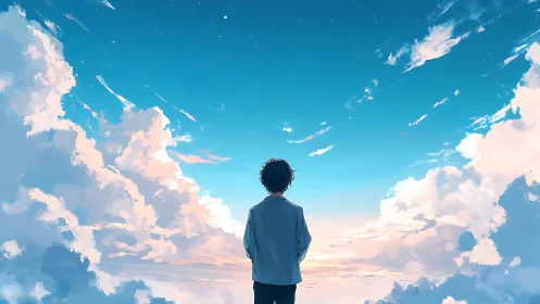 Solitary youth beneath expansive pastel evening sky.