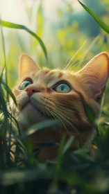 Orange tabby cat gazing upward among verdant grass blades