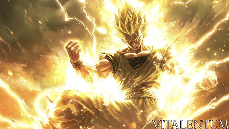 Golden-haired anime fighter surrounded by intense energy field.