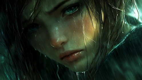 Wet-haired girl stares into camera under heavy green rain
