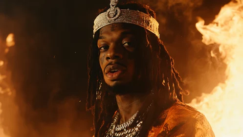 Portrait of man in jeweled crown amid orange flames background.