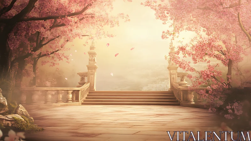 Sunlit stone terrace opens into a dreamy cherry blossom sky