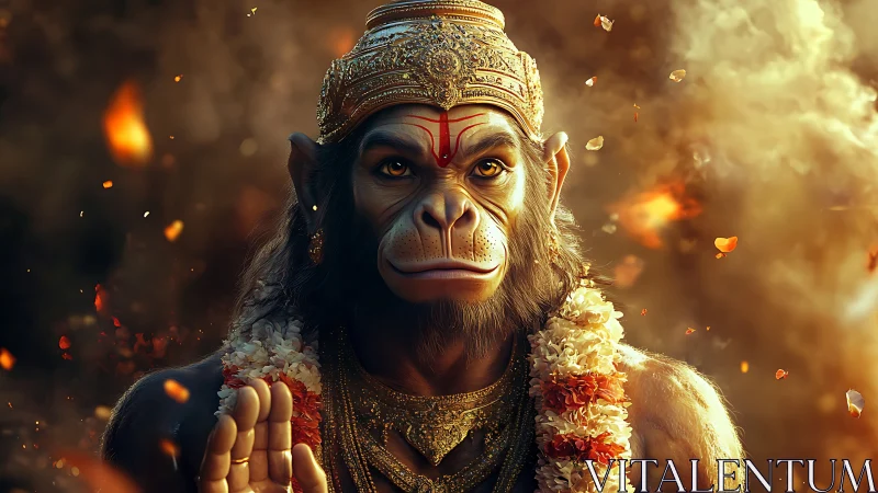 Radiant Hanuman deity emerges from swirling golden embers