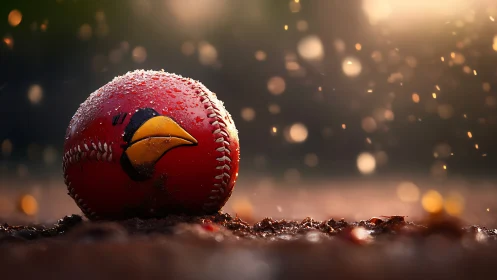 Wet red baseball with bird logo in backlit shallow focus field.