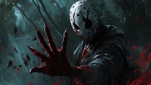 Masked forest killer extends blood-soaked hand forward.