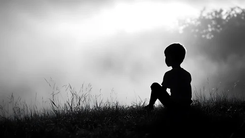 Monochrome child silhouette on misty hillside at sunrise