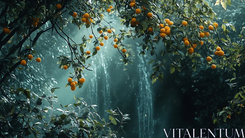 Golden forest fruit over misty waterfall glen.