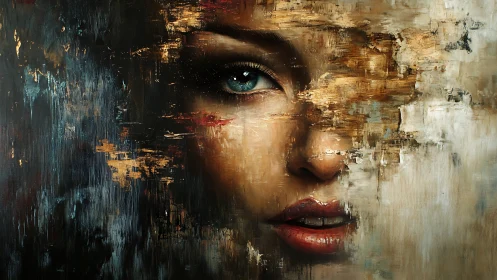 Fragmented female face in textured abstract oil painting