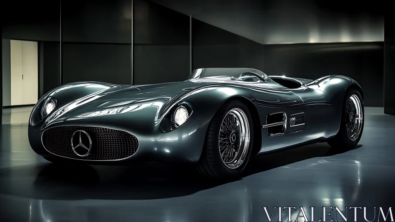 Sleek retro-futurist roadster gliding through soft studio light.