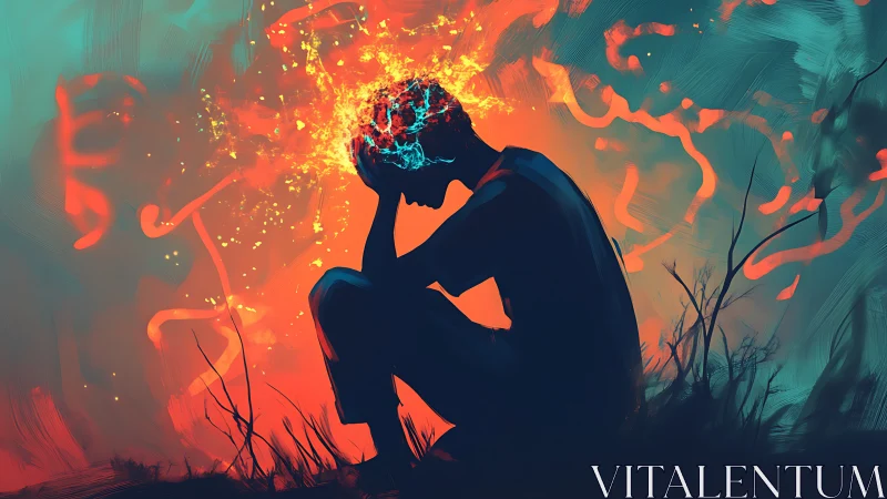 Silhouette with burning mind against teal inferno backdrop.