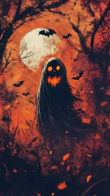 Digital painting of spectral pumpkin wraith in infernal forest.