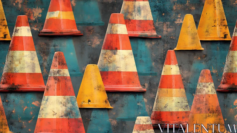 Playful traffic cones line up against a weathered teal wall