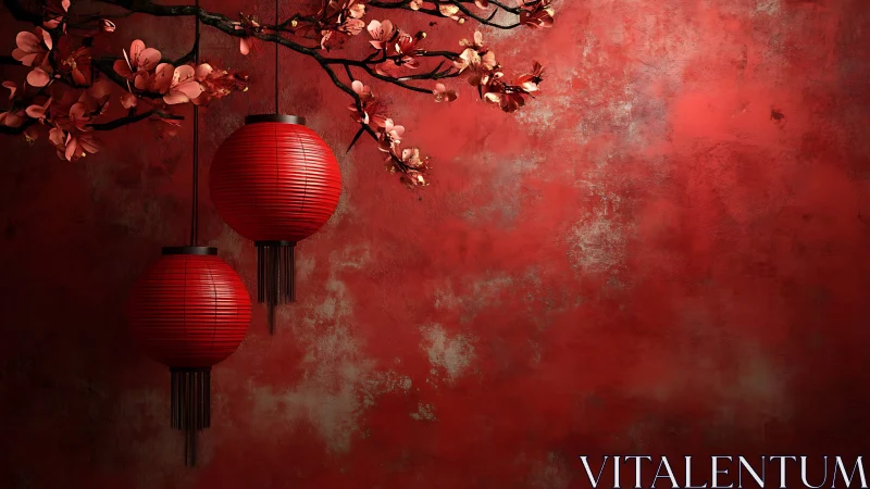 Red paper lanterns and cherry blossoms on textured wall.