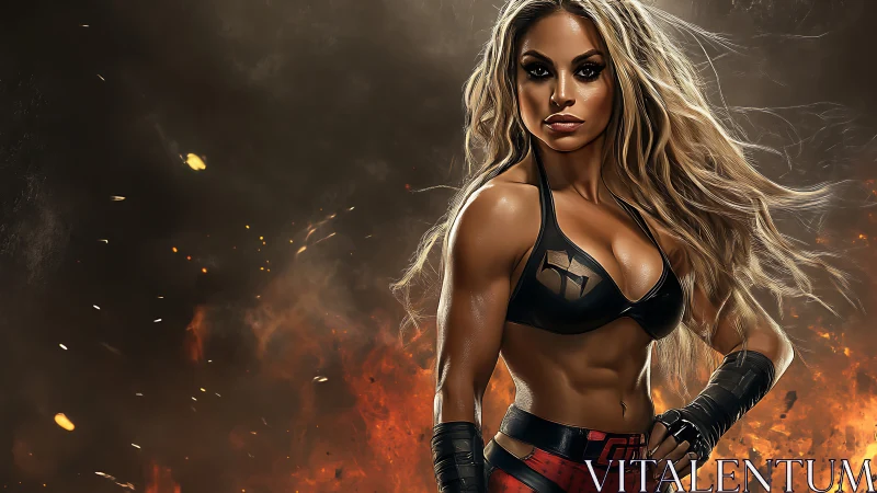 Fierce female fighter dominates blazing inferno backdrop.