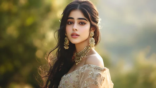 Portrait captures woman in ornate gold jewelry at sunset