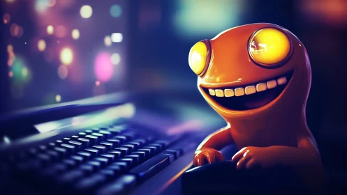 Orange cartoon creature at keyboard in blurred neon setting.