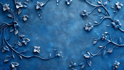 Embossed Floral Relief in Monochromatic Blue.