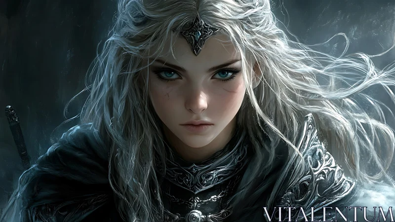Silver haired warrior queen in ornate dark armor portrait.