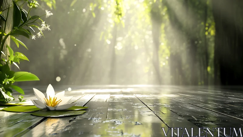 Gentle forest sunlight resting over a quiet water lily.