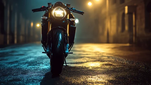Sleek motorcycle stands under moody streetlights at night