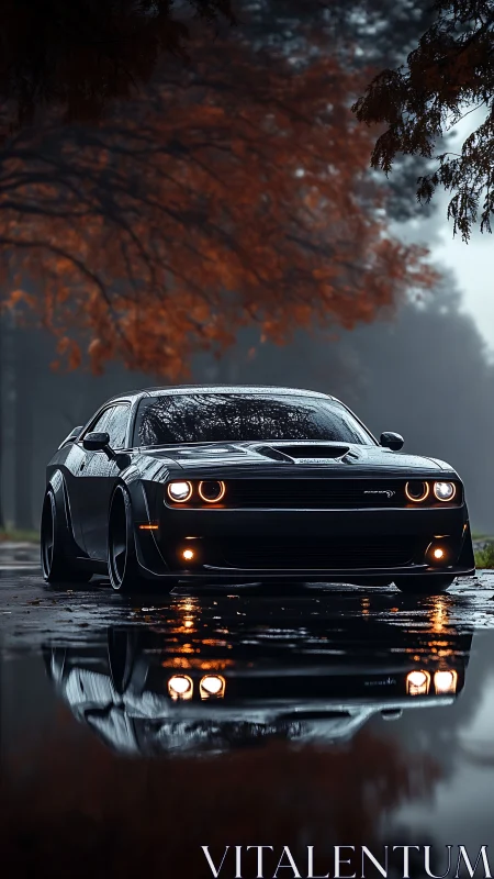 Low-angle wet-road capture of black muscle car with LED halos
