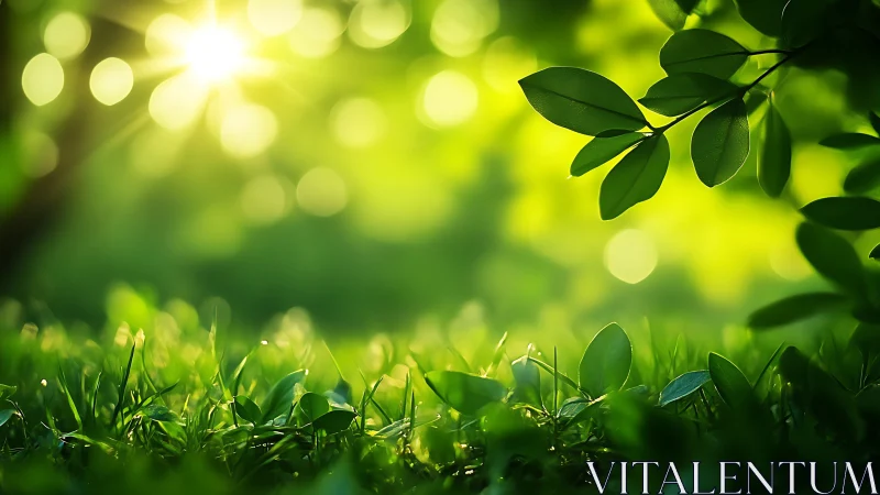 Sunlit Green Grass and Leaves in Soft Focus Nature Scene.