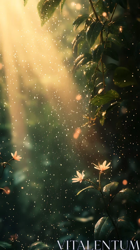 Sunlit woodland blossoms amid drifting golden dust motes.