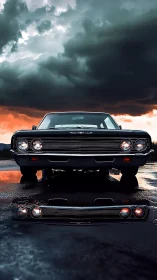 Stormlit classic muscle car with reflective wet pavement.