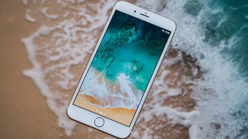 Smartphone floating above shoreline with waves in motion