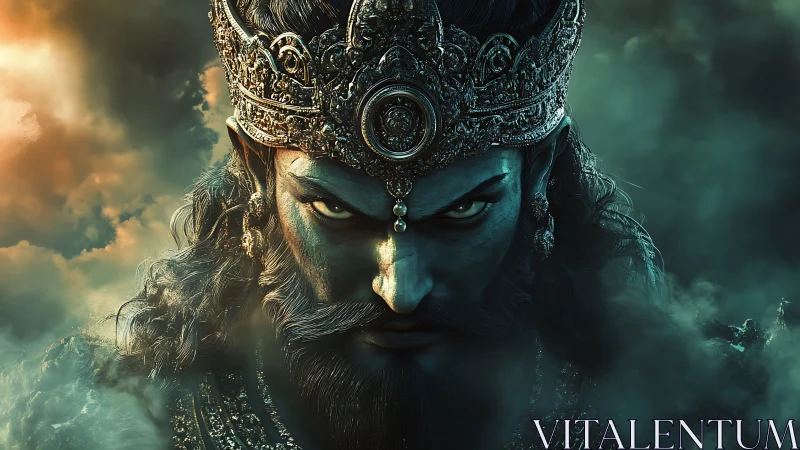 Dark fantasy king with ornate crown and piercing gaze.