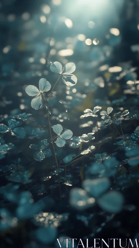 Backlit clover leaves glisten under soft morning moisture