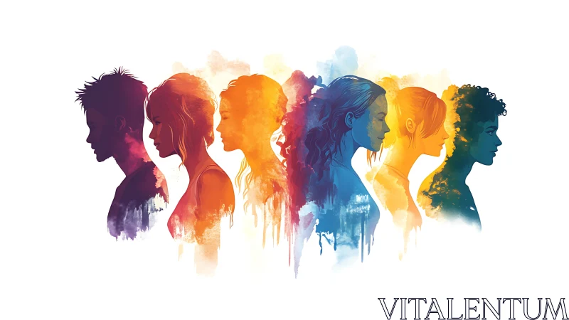 Colorful side-profile silhouettes in watercolor style.