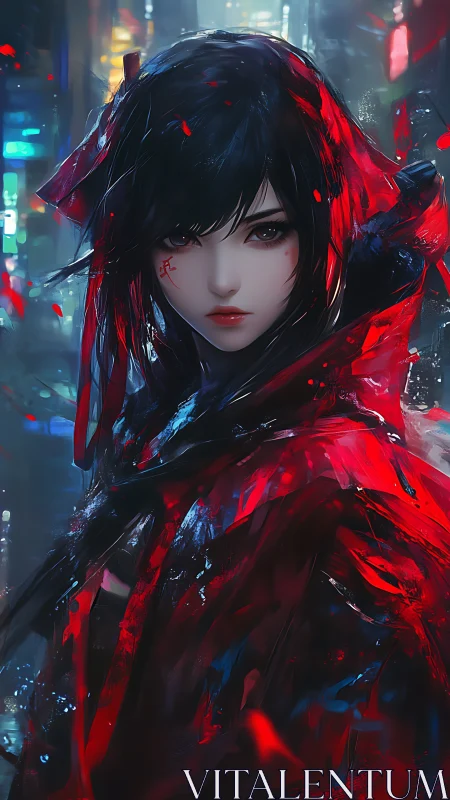 Digital portrait shows red-clad figure in neon urban setting