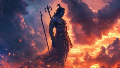 Divine warrior silhoutte strides through blazing storm sky.